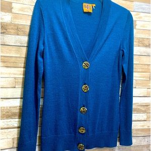 Tory Burch Womens Teal Merino Wool Long Sleeve Button Front Cardigan Sweater XS